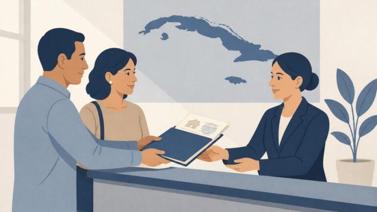 Dos personas presentan documentos de vivienda en una oficina de trámites migratorios cubana.