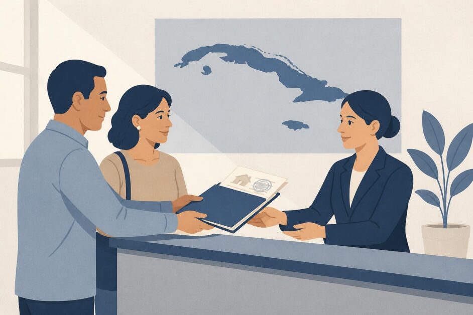 Dos personas presentan documentos de vivienda en una oficina de trámites migratorios cubana.