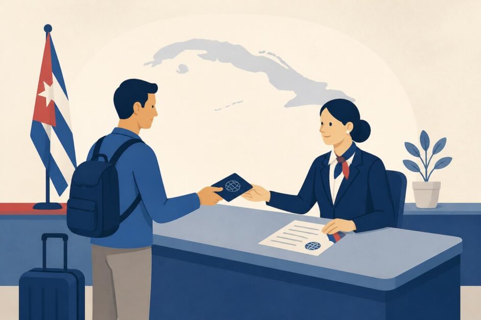 Persona entrega su pasaporte a una funcionaria en un consulado cubano para solicitar una visa.