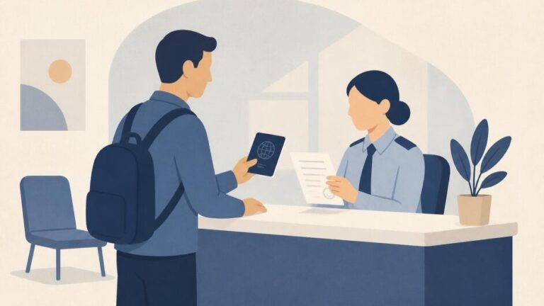 Persona con pasaporte entrega documentos a un funcionario en una oficina migratoria.