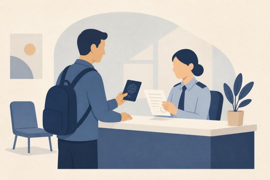 Persona con pasaporte entrega documentos a un funcionario en una oficina migratoria.