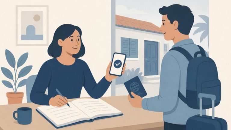Arrendador registra a un visitante con pasaporte y confirma el reporte desde un teléfono móvil.