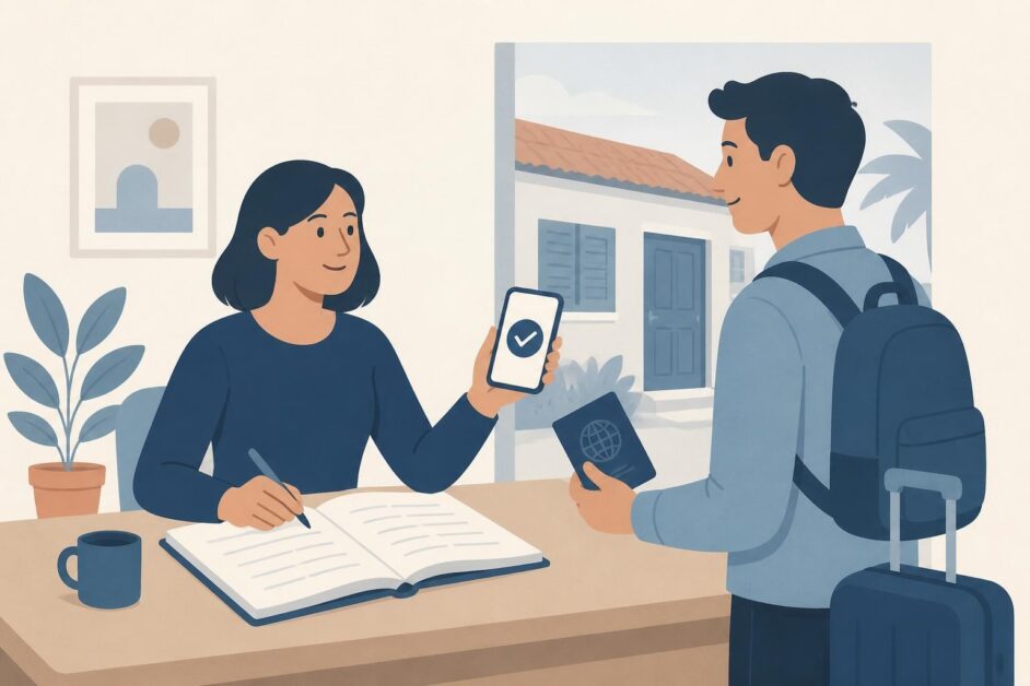 Arrendador registra a un visitante con pasaporte y confirma el reporte desde un teléfono móvil.