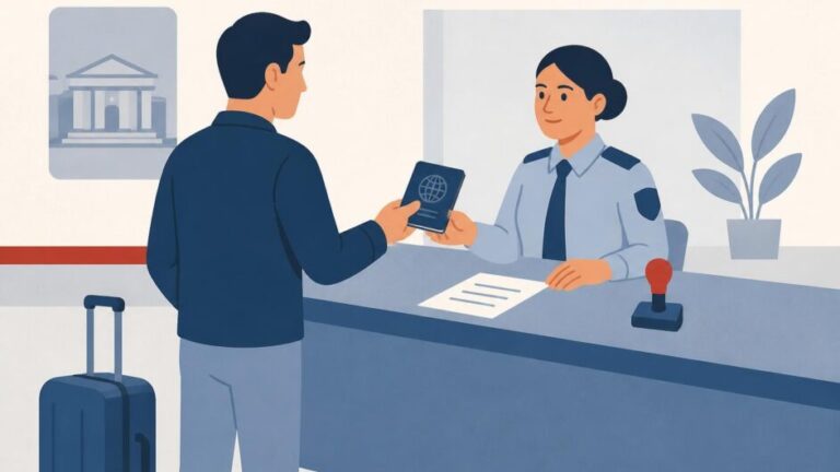 Persona entrega un pasaporte y documentos a una funcionaria en una oficina migratoria.