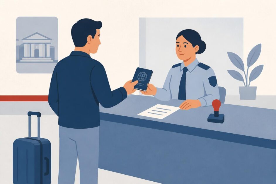Persona entrega un pasaporte y documentos a una funcionaria en una oficina migratoria.