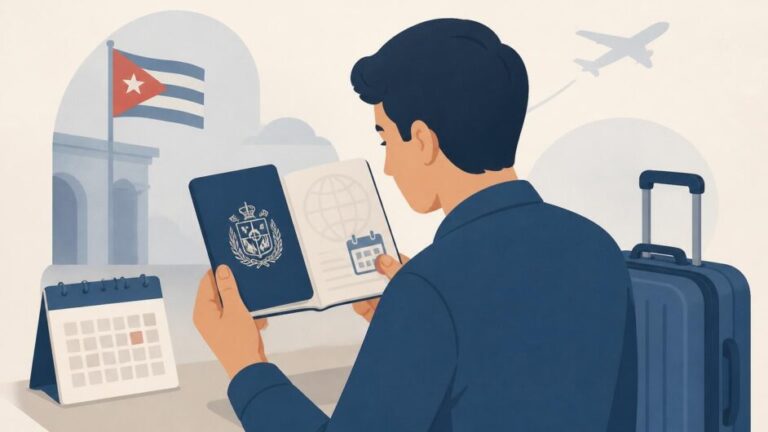 Persona revisa un pasaporte junto a una maleta y un calendario antes de viajar.