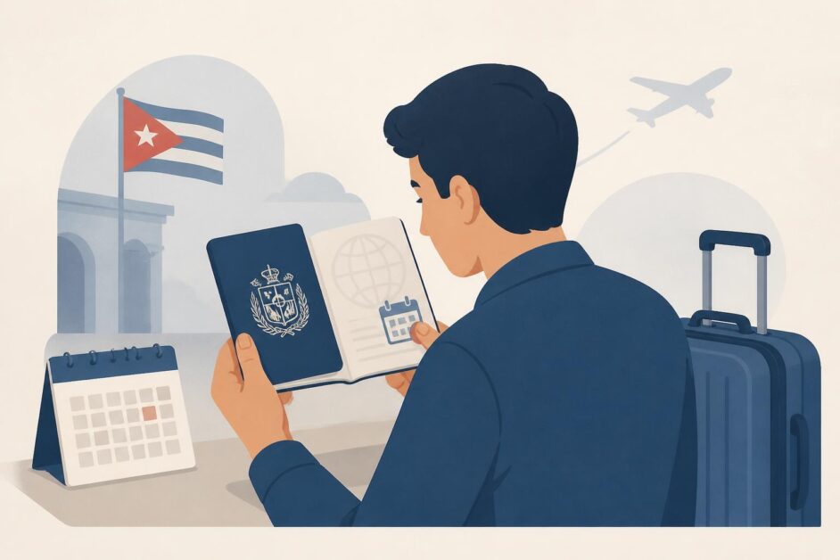 Persona revisa un pasaporte junto a una maleta y un calendario antes de viajar.