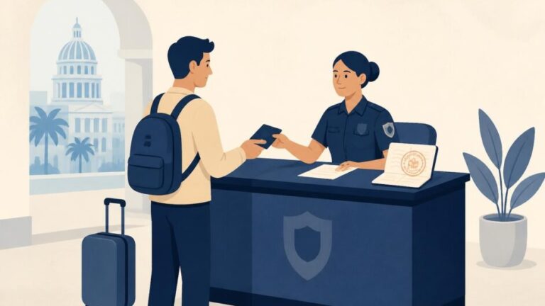 Persona con pasaporte y maleta realiza una gestión de estancia ante un mostrador migratorio.