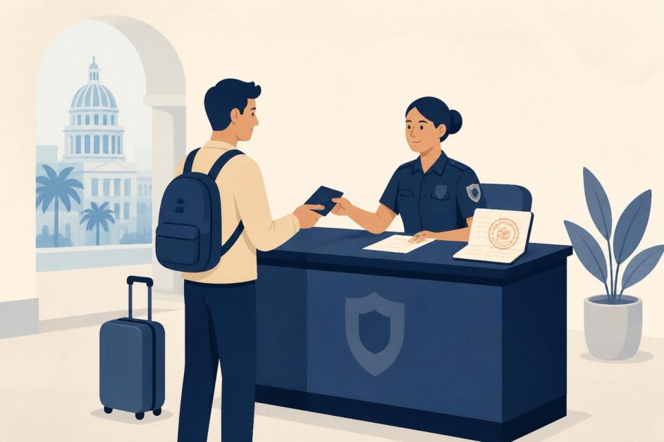 Persona con pasaporte y maleta realiza una gestión de estancia ante un mostrador migratorio.