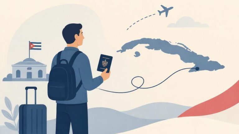Persona con pasaporte y maleta conectada visualmente con Cuba y un consulado en el exterior.
