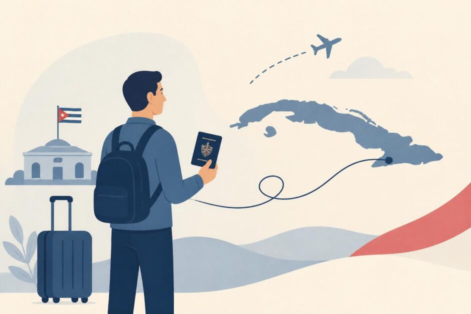 Persona con pasaporte y maleta conectada visualmente con Cuba y un consulado en el exterior.
