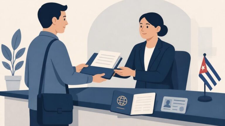 Persona extranjera presenta documentos y pasaporte en una oficina pública cubana.