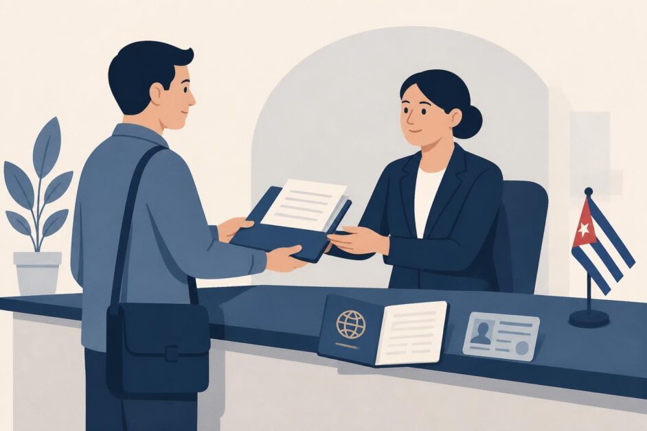 Persona extranjera presenta documentos y pasaporte en una oficina pública cubana.