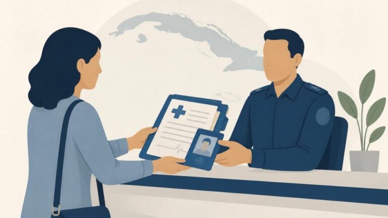 Persona entrega documentos médicos y una carpeta en una oficina migratoria para gestionar una entrada humanitaria a Cuba.