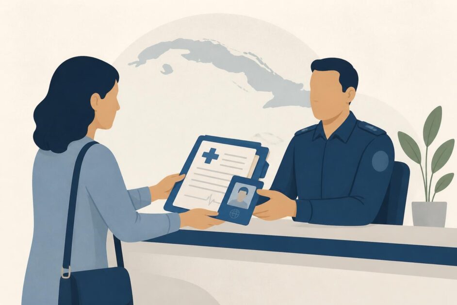 Persona entrega documentos médicos y una carpeta en una oficina migratoria para gestionar una entrada humanitaria a Cuba.