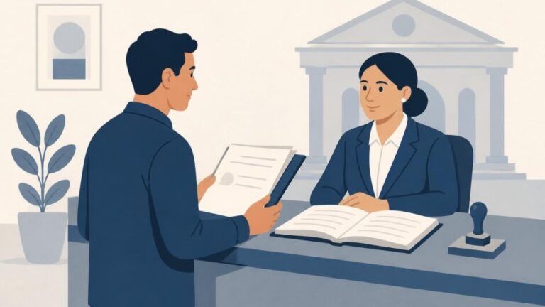 Persona entrega una carpeta de documentos a una funcionaria en una oficina de registro civil.