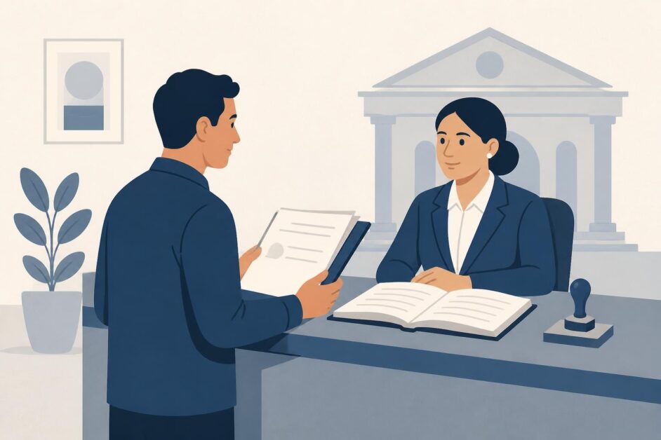 Persona entrega una carpeta de documentos a una funcionaria en una oficina de registro civil.