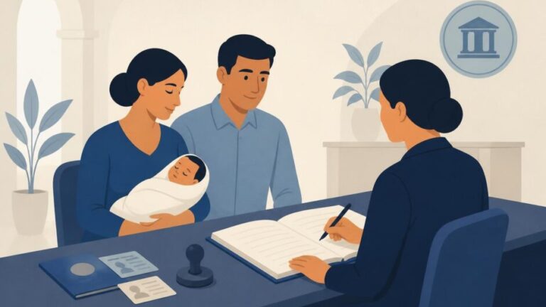 Madre y padre con un recién nacido ante un registrador que completa un libro de registro civil.