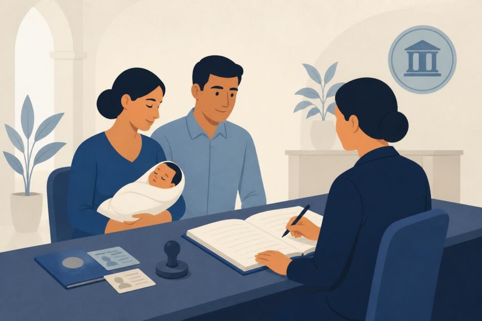 Madre y padre con un recién nacido ante un registrador que completa un libro de registro civil.