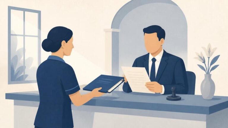 Personal funerario entrega una carpeta a un registrador en una oficina de Registro Civil.