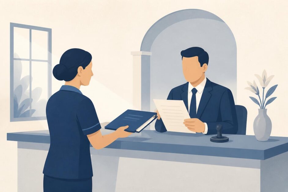 Personal funerario entrega una carpeta a un registrador en una oficina de Registro Civil.