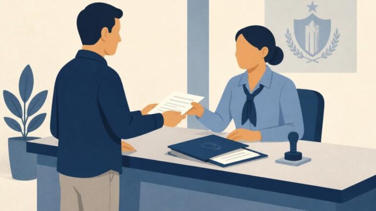 Persona entrega documentos a una funcionaria en un mostrador de oficina pública.