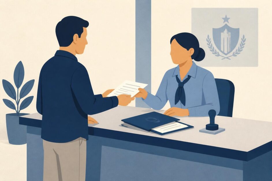 Persona entrega documentos a una funcionaria en un mostrador de oficina pública.
