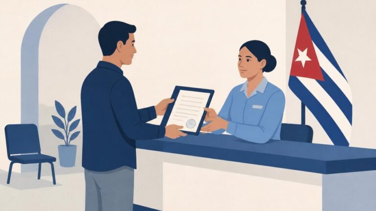 Persona entrega una carpeta de documentos a un funcionario en una oficina pública cubana.