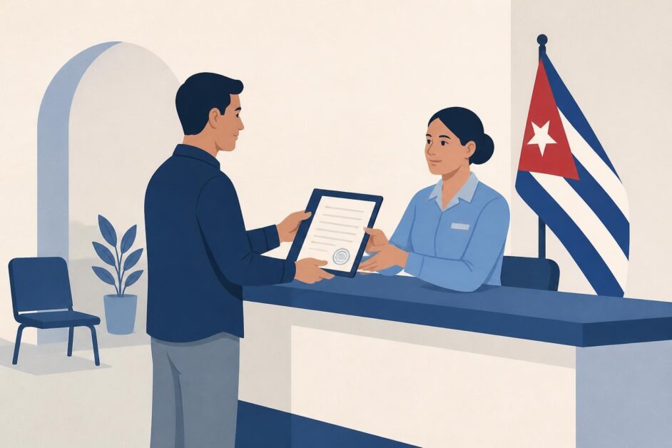 Persona entrega una carpeta de documentos a un funcionario en una oficina pública cubana.