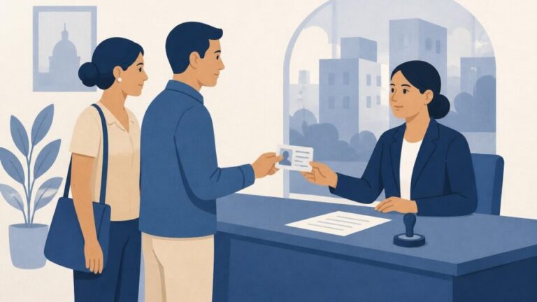 Persona y titular de vivienda realizan una actualización de domicilio en una oficina pública.