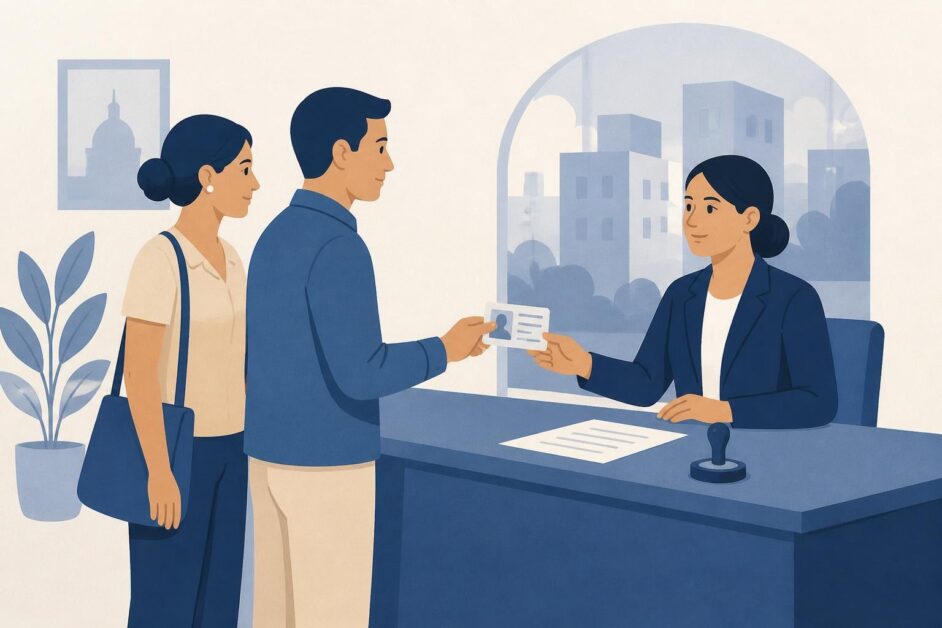 Persona y titular de vivienda realizan una actualización de domicilio en una oficina pública.