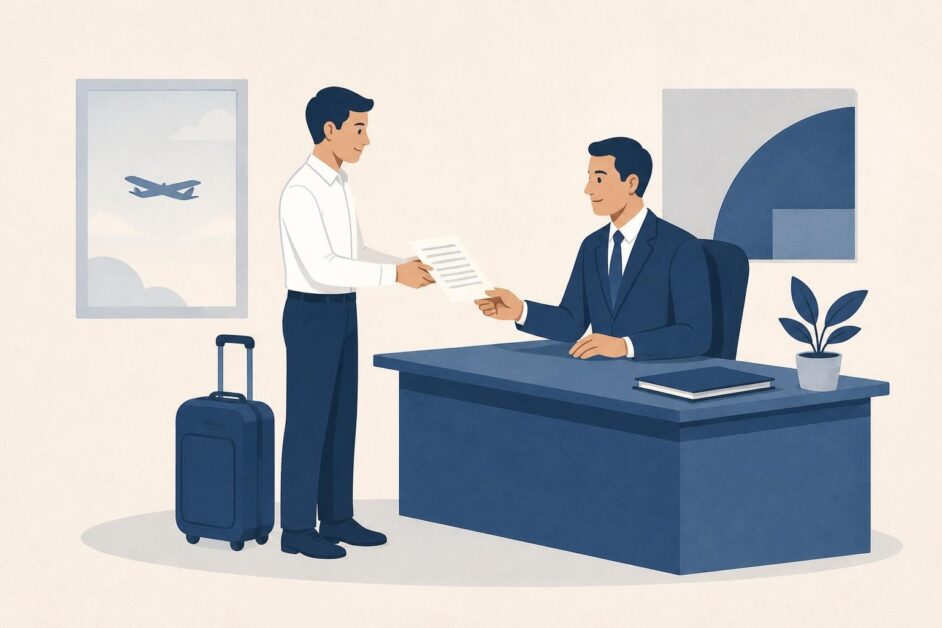 Graduado entrega una solicitud de viaje a un responsable en una oficina laboral.