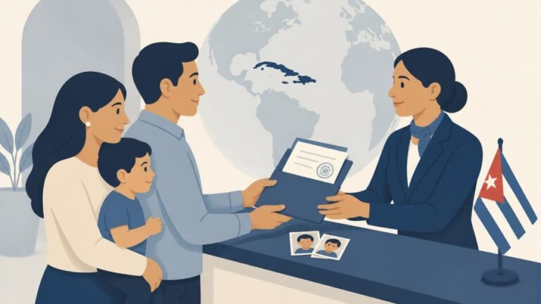 Familia entrega documentos a un funcionario en un consulado cubano para solicitar ciudadanía por nacimiento.