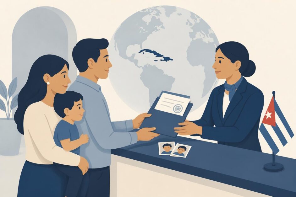 Familia entrega documentos a un funcionario en un consulado cubano para solicitar ciudadanía por nacimiento.