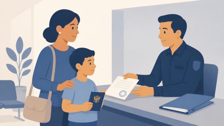 Menor con su representante legal realizando una gestión de pasaporte en una oficina pública.