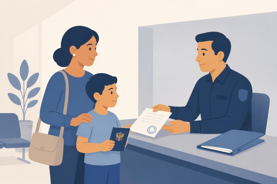 Menor con su representante legal realizando una gestión de pasaporte en una oficina pública.