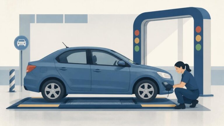 Técnica revisando un automóvil en una planta de inspección vehicular.