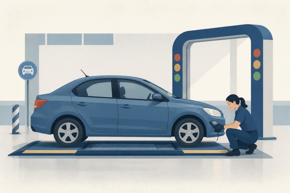 Técnica revisando un automóvil en una planta de inspección vehicular.