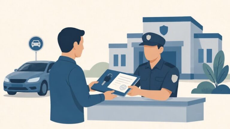 Persona presenta documentos ante un funcionario junto a un automóvil para tramitar su baja registral.