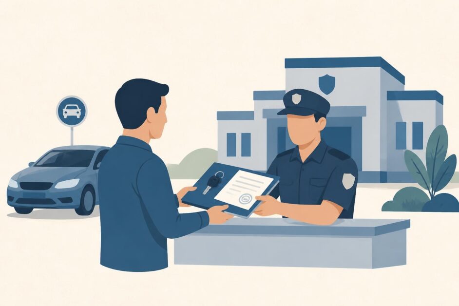 Persona presenta documentos ante un funcionario junto a un automóvil para tramitar su baja registral.