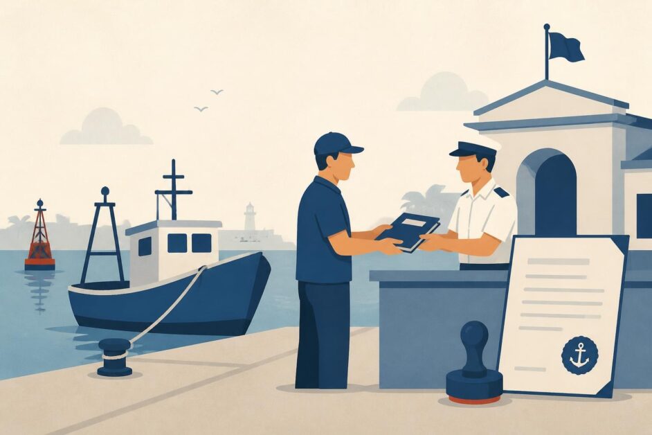 Persona entrega documentos para registrar una embarcación comercial en una oficina portuaria.