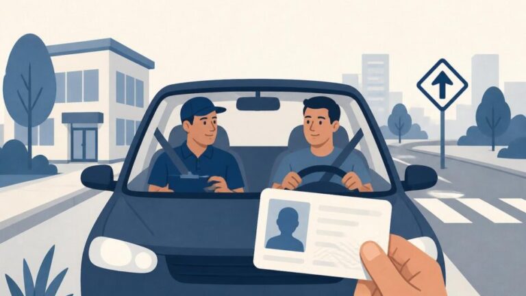 Aspirante conduce un automóvil de práctica acompañado por un instructor en una vía urbana.