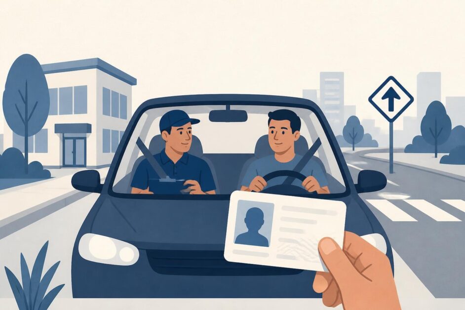 Aspirante conduce un automóvil de práctica acompañado por un instructor en una vía urbana.