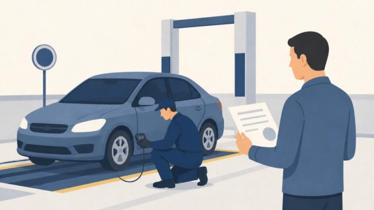Técnico inspecciona un automóvil mientras su propietario recibe un dictamen en una planta de revisión.