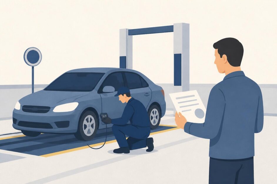 Técnico inspecciona un automóvil mientras su propietario recibe un dictamen en una planta de revisión.