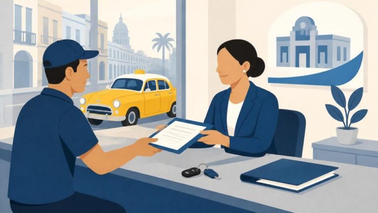 Taxista entrega documentos en una oficina mientras un taxi amarillo espera al fondo.