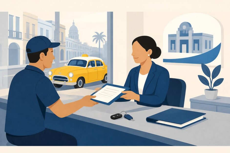 Taxista entrega documentos en una oficina mientras un taxi amarillo espera al fondo.