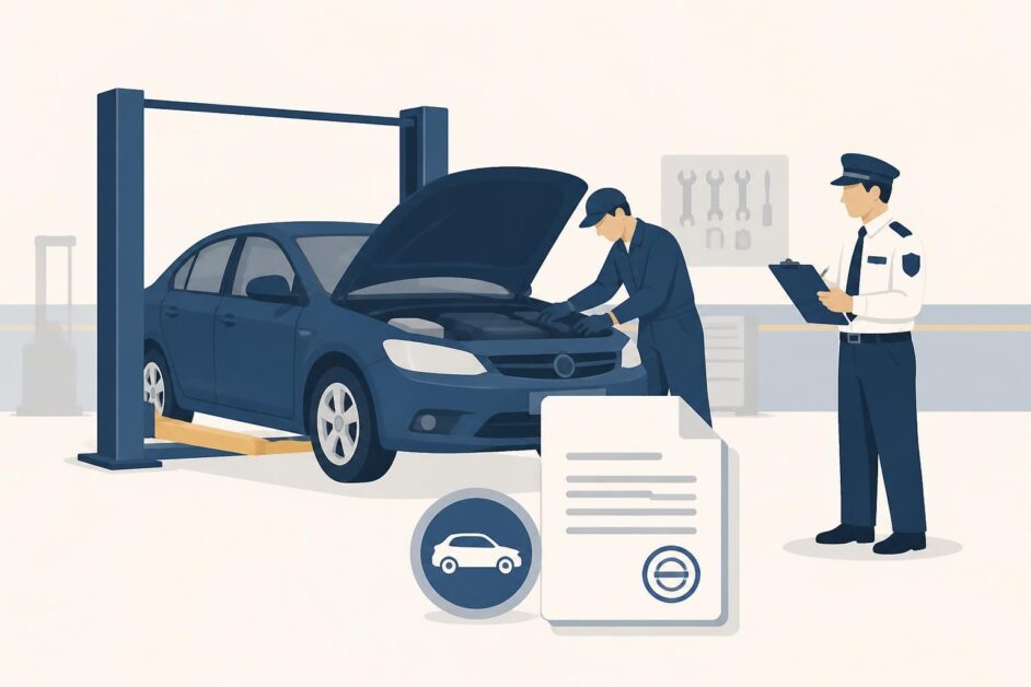 Mecánico y agente revisan un automóvil modificado en un taller junto a un documento técnico.