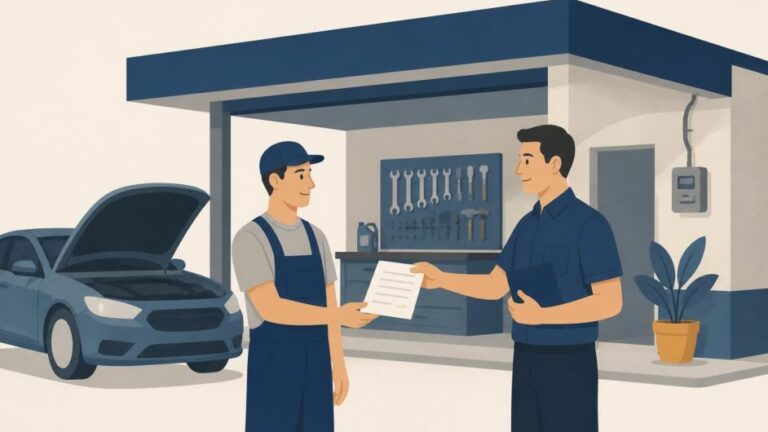 Mecánico y representante acuerdan el arrendamiento de un local-taller junto a un automóvil.