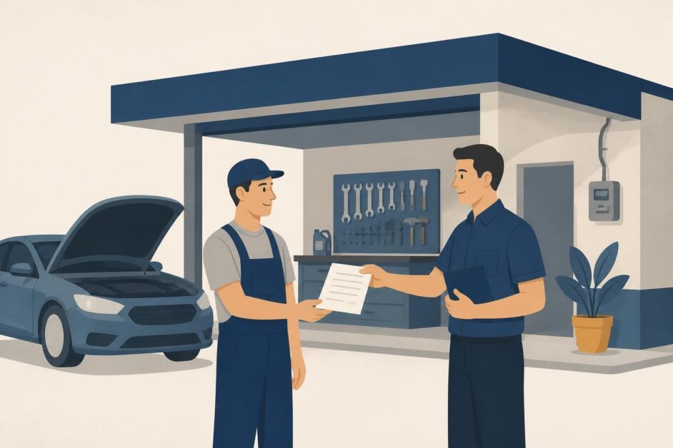 Mecánico y representante acuerdan el arrendamiento de un local-taller junto a un automóvil.